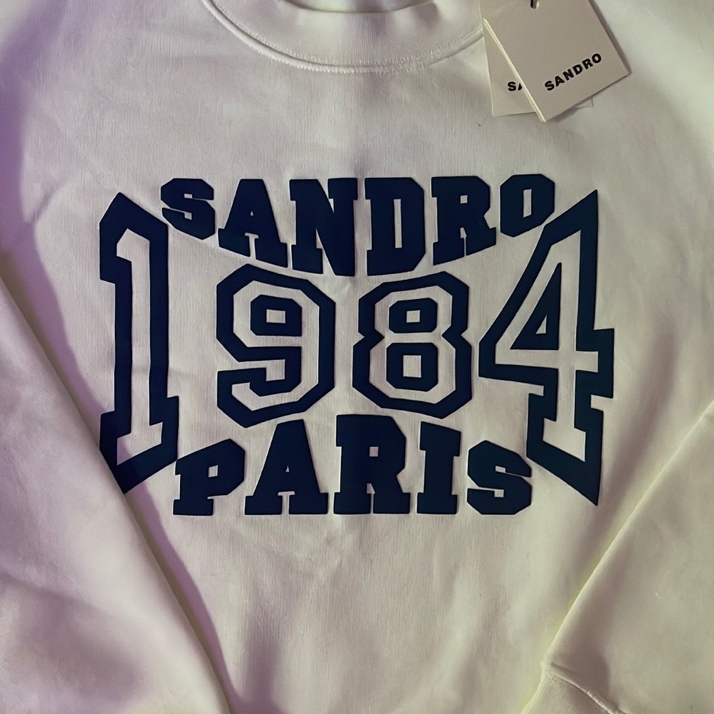 Sandro Paris- White Sweatshirt with Navy Blue Logo